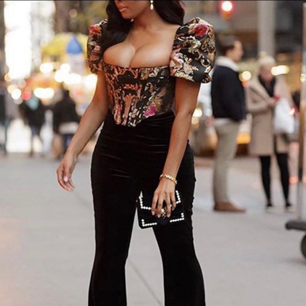 House of CB corset top-BROCADE JACQUARD PUFF SLEEVE BUSTIER